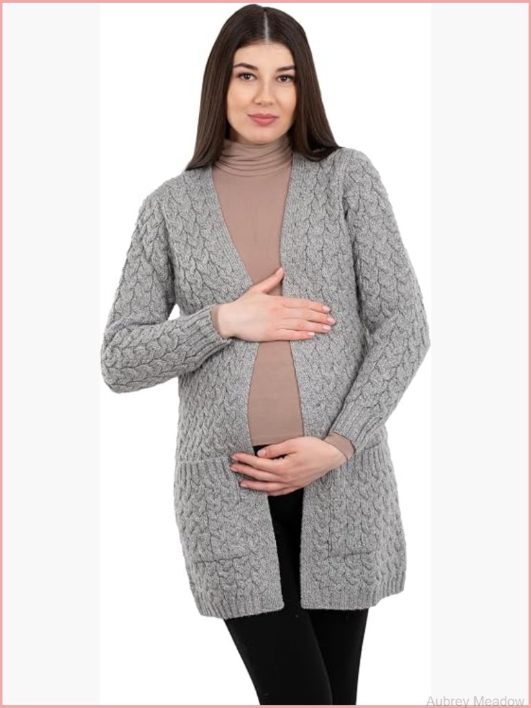 Pregnancy Aran Cardigan Coat Irish Open Front Maternity With Pockets Merino Wool